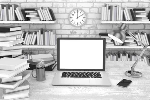 3D illustration laptopand work stuff on table near brick wall, Workspace Illustrazione stock