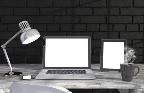 3D illustration laptopand work stuff on table near brick wall, Workspace 스톡 일러스트