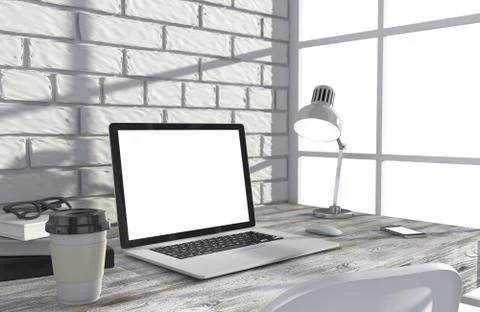 3D illustration laptopand work stuff on table near brick wall, Workspace 스톡 일러스트