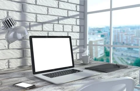 3D illustration laptopand work stuff on table near brick wall, Workspace Stock Illustration