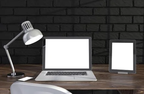 3D illustration laptopand work stuff on table near brick wall, Workspace 스톡 일러스트