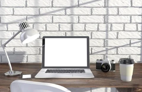 3D illustration laptopand work stuff on table near brick wall, Workspace Stock Illustration