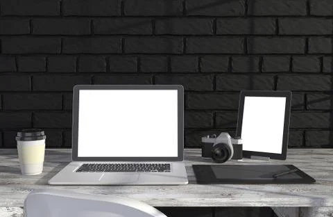 3D illustration laptopand work stuff on table near brick wall, Workspace 스톡 일러스트