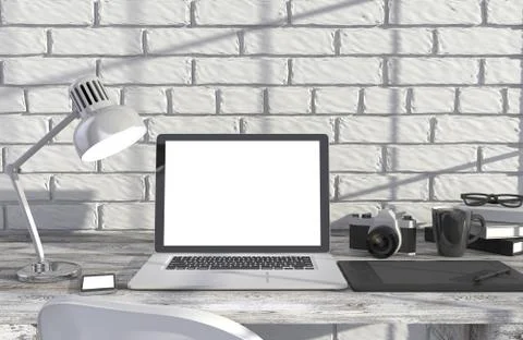 3D illustration laptopand work stuff on table near brick wall, Workspace 스톡 일러스트
