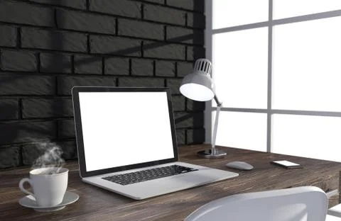 3D illustration laptopand work stuff on table near brick wall, Workspace Illustrazione stock