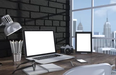 3D illustration laptopand work stuff on table near brick wall, Workspace Stock Illustration