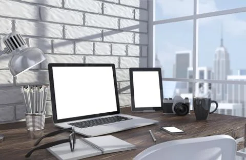 3D illustration laptopand work stuff on table near brick wall, Workspace Illustrazione stock