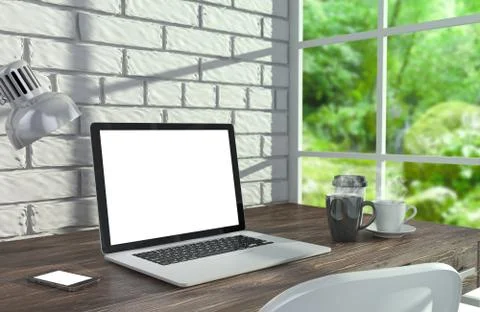 3D illustration laptopand work stuff on table near brick wall, Workspace Illustrazione stock