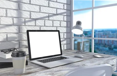 3D illustration laptopand work stuff on table near brick wall, Workspace 스톡 일러스트