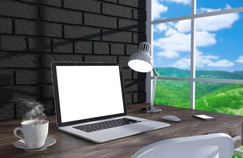 3D illustration laptopand work stuff on table near brick wall, Workspace Illustrazione stock