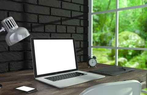 3D illustration laptopand work stuff on table near brick wall, Workspace 스톡 일러스트