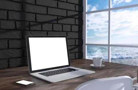 3D illustration laptopand work stuff on table near brick wall, Workspace 스톡 일러스트