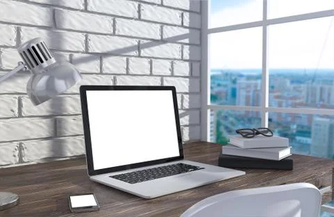 3D illustration laptopand work stuff on table near brick wall, Workspace 스톡 일러스트