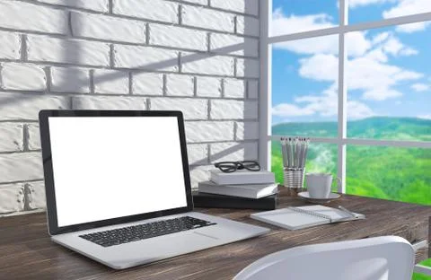 3D illustration laptopand work stuff on table near brick wall, Workspace Stock Illustration