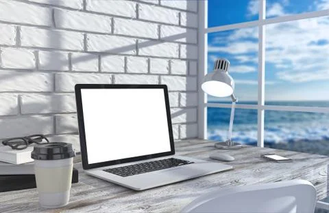 3D illustration laptopand work stuff on table near brick wall, Workspace Illustrazione stock