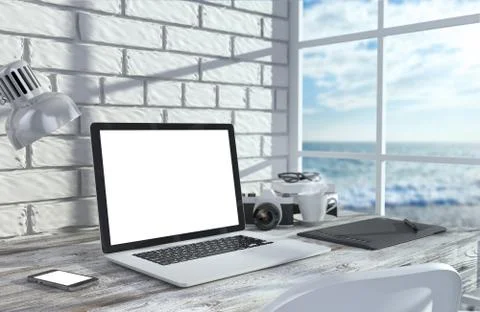 3D illustration laptopand work stuff on table near brick wall, Workspace Illustrazione stock