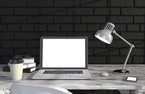 3D illustration laptopand work stuff on table near brick wall, Workspace Stock Illustration