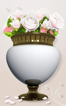 3d illustration, a large bright vase with roses, pearls and ornament Stock Illustration