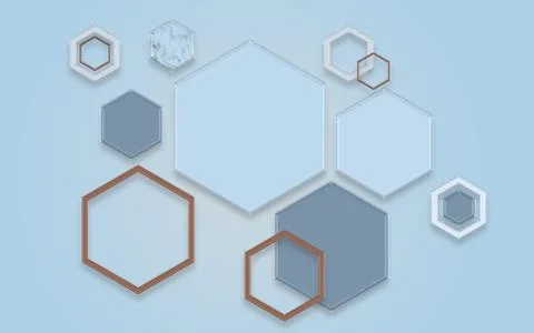 3d illustration, large hexagons and hexagonal frames on a blue background Stock Illustration