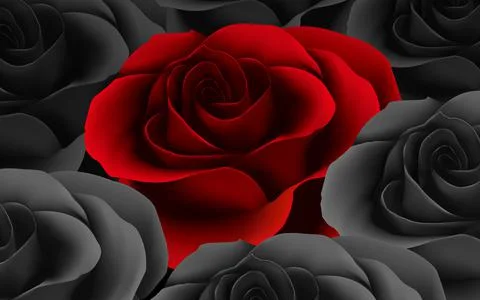 3d illustration, large red rose bud surrounded by black roses Stock Illustration