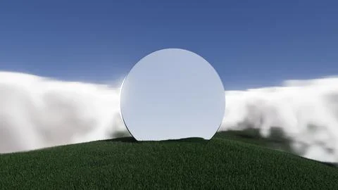 3d illustration A large, round, white object is sitting on a grassy hill Illustrazione stock