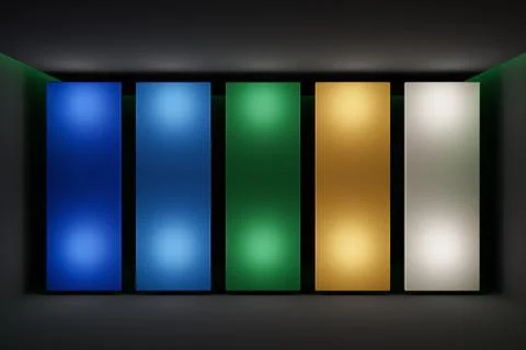 3D illustration of a layout of multi-colored screens in a black room. Design, Stock Illustration