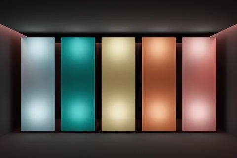 3D illustration of a layout of multi-colored screens in a black room. Design, Stock Illustration