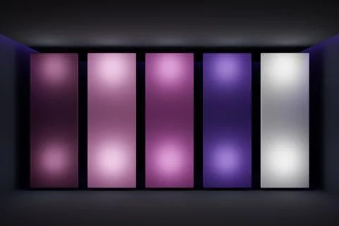 3D illustration of a layout of multi-colored screens in a black room. Design, Foto stock