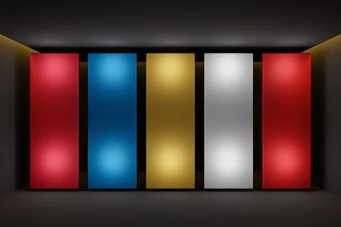 3D illustration of a layout of multi-colored screens in a black room. Design, Stock Photos