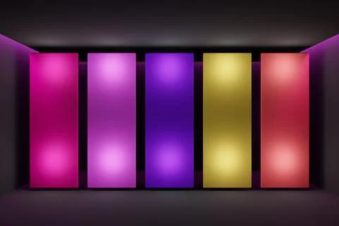 3D illustration of a layout of multi-colored screens in a black room. Design, Stock Photos