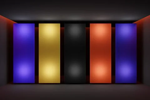 3D illustration of a layout of multi-colored screens in a black room. Design, Stock Photos