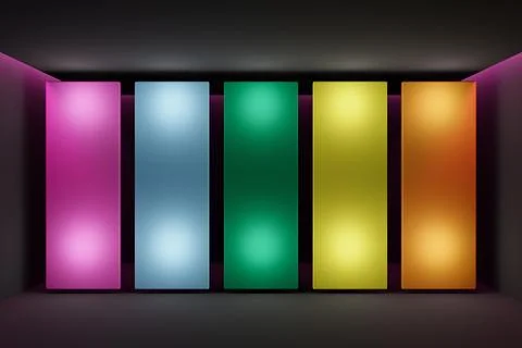 3D illustration of a layout of multi-colored screens in a black room. Design, Foto stock