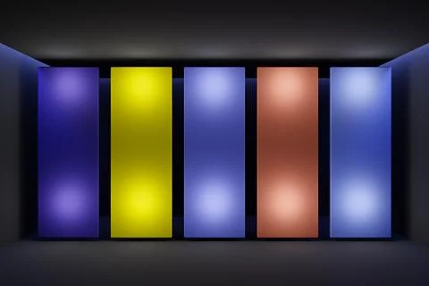 3D illustration of a layout of multi-colored screens in a black room. Design, Stock Photos