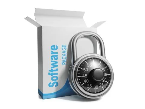 3d illustration: licensed software, licensed software box with combination lo 스톡 일러스트