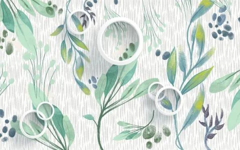 3d illustration, light background, abstract green plants, white rings Stock Illustration