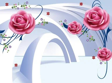 3d illustration, light background, arches, large buds of pink roses Stock Illustration
