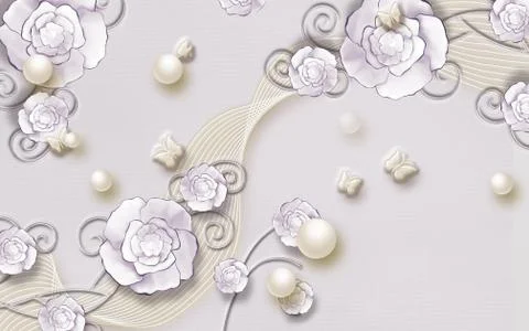 3d illustration, light background, beige waves, abstract lilac flowers Stock Illustration