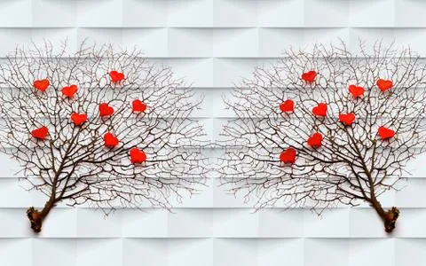 3d illustration, light background, branches with red hearts Stock Illustration