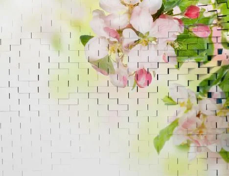 3d illustration, light background, brick wall, cherry flowers Stock Illustration