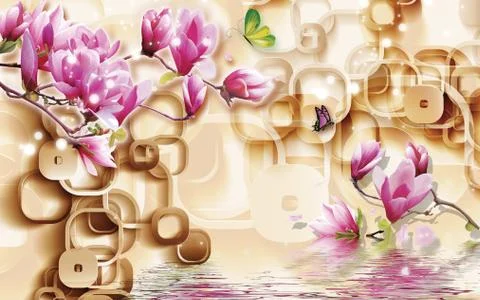 3d illustration, light background, brown frames, pink lilies, butterflies Stock Illustration