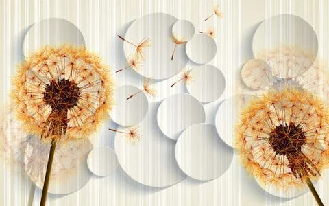 3D illustration, light background with circles and orange dandelions Stock Illustration