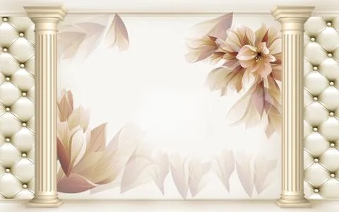 3d illustration - light background with columns and flowers Stock Illustration