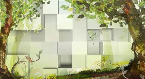 3d illustration, light background, cubes, fabulous trees and fairies Stock Illustration