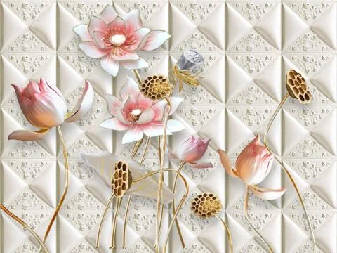 3D illustration, light background, embossed tile, light pink flowers Stock Illustration