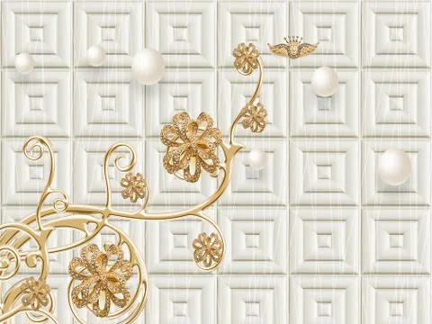 3d illustration, light background, embossed tile, pearl, abstract flower Stock Illustration