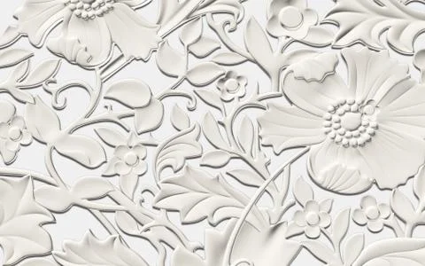 3d illustration, light background, embossed monochrome fairy flowers Stock Illustration
