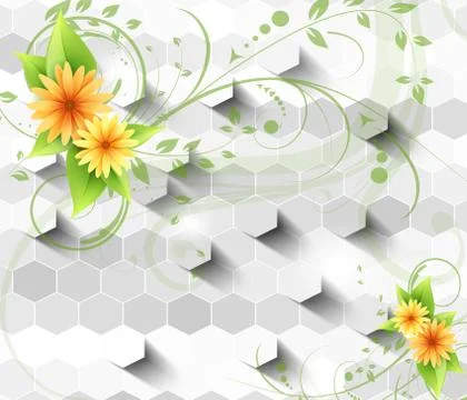 3d illustration, light background, gray hexagons, yellow-orange flowers Stock Illustration