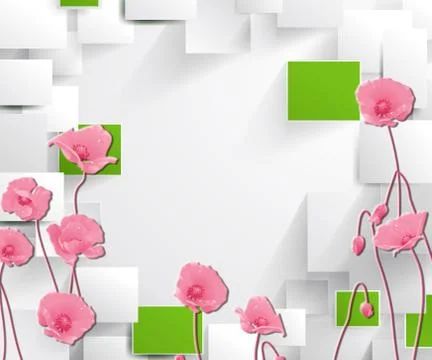 3d illustration, light background, gray and green rectangles, pink poppies Stock Illustration