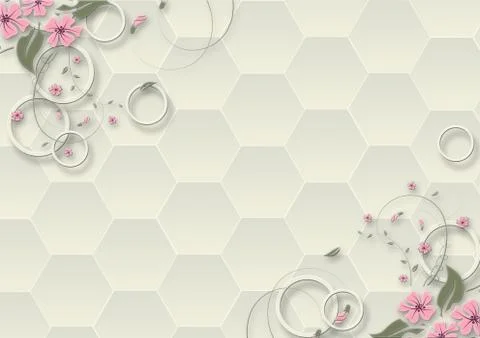 3d illustration, light background, honeycombs, rings and fabulous flowers Stock Illustration