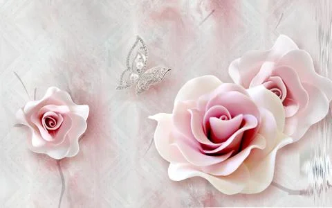 3d illustration, light background, large pink roses Stock Illustration